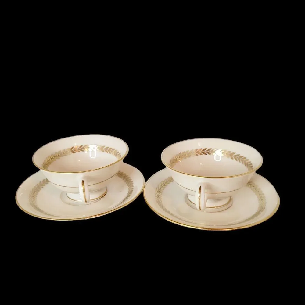 Vtg Set of 2 LENOX Imperial Ivory China Gold Laurel Trim Tea Cup Saucer‎ Green